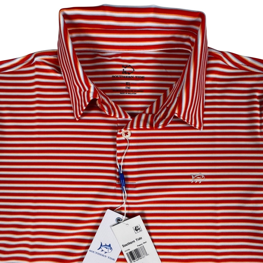 Southern Tide Polo NWT Boys XL 16 Poppy Red Striped Performance Skipjack